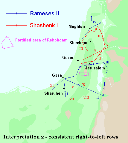Route march map - Rameses 2 and Shoshenk 1 - consistent right-to-left interpretation